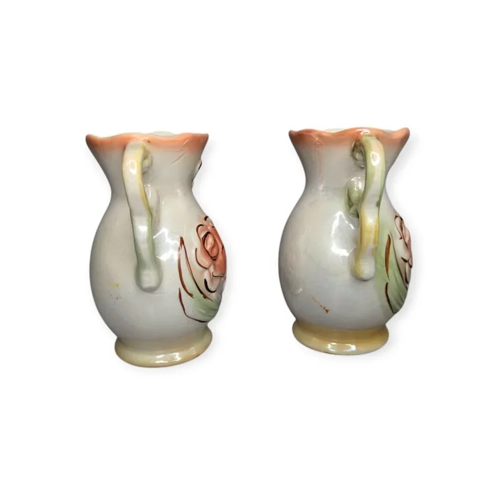 Vintage Ceramic Lusterware Floral Double Handle Vase Brazil Set of 2 5